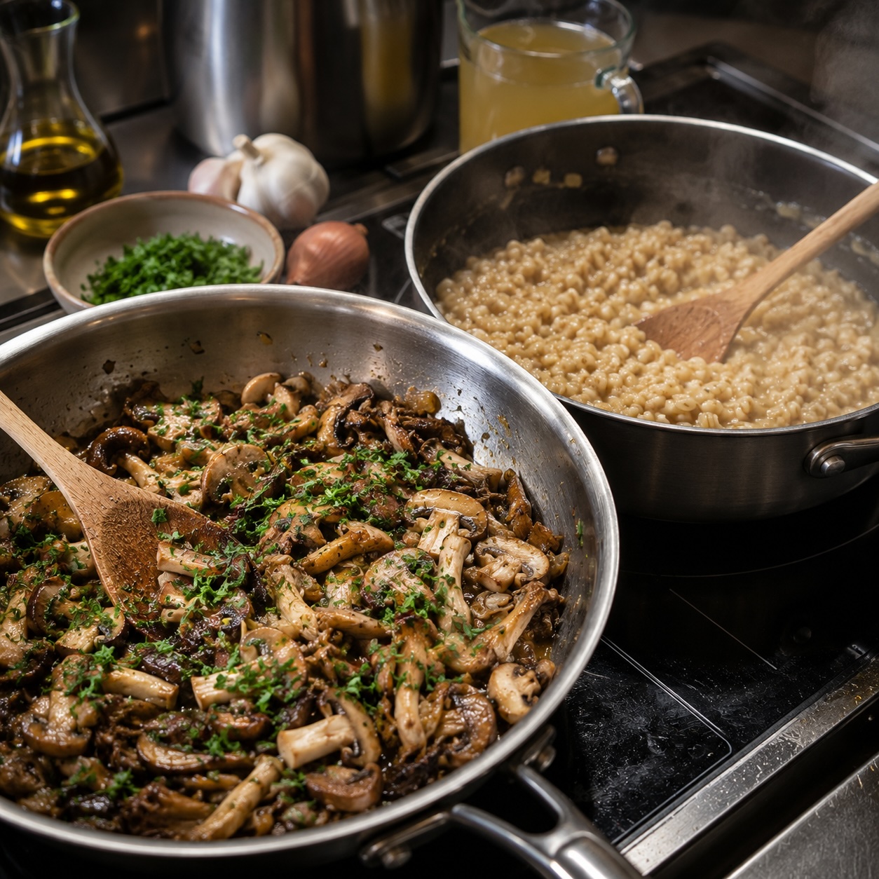Pilzragout und cremiges Weizen-Risotto