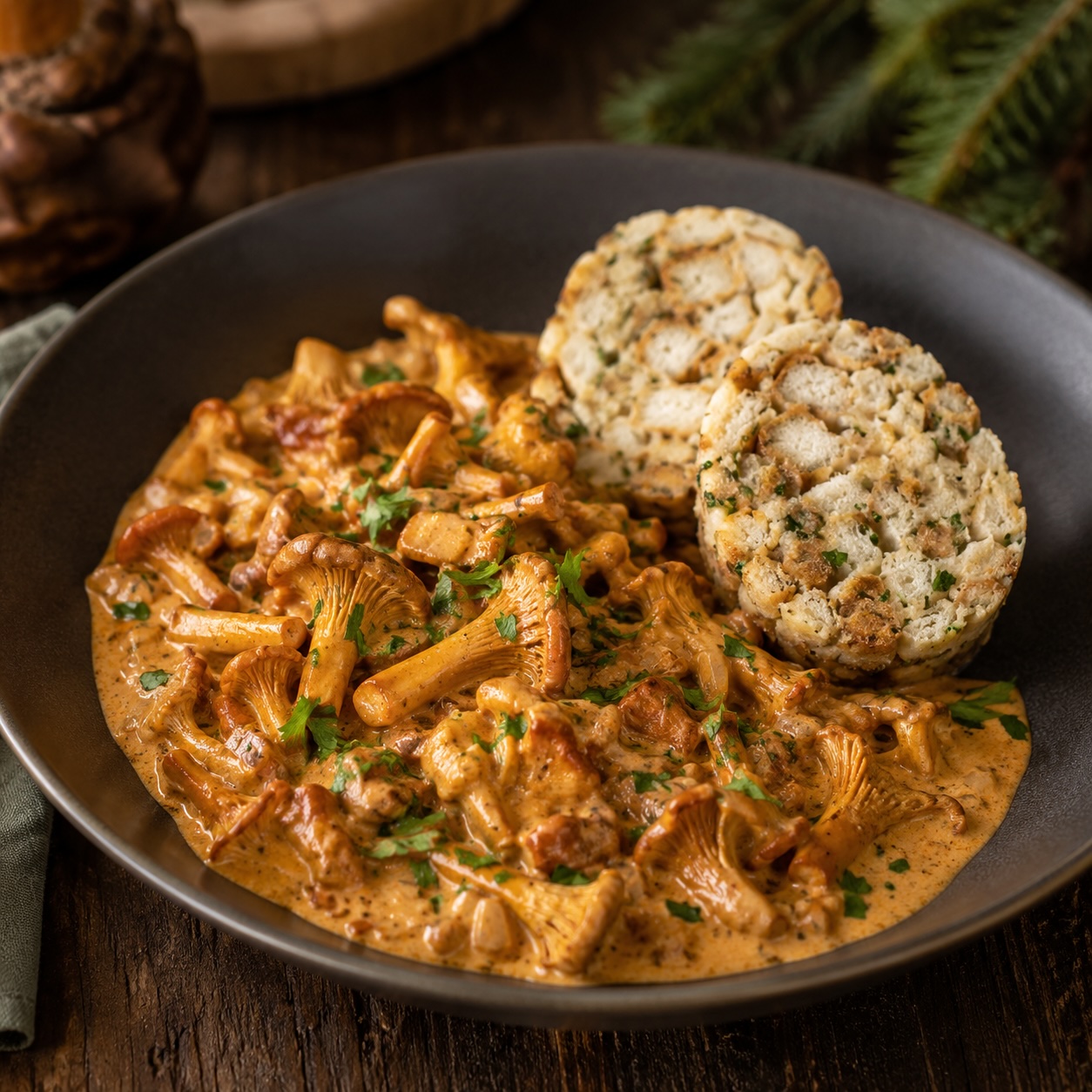 Eierschwammerlgulasch mit Semmelknödeln in einer dunklen Schale