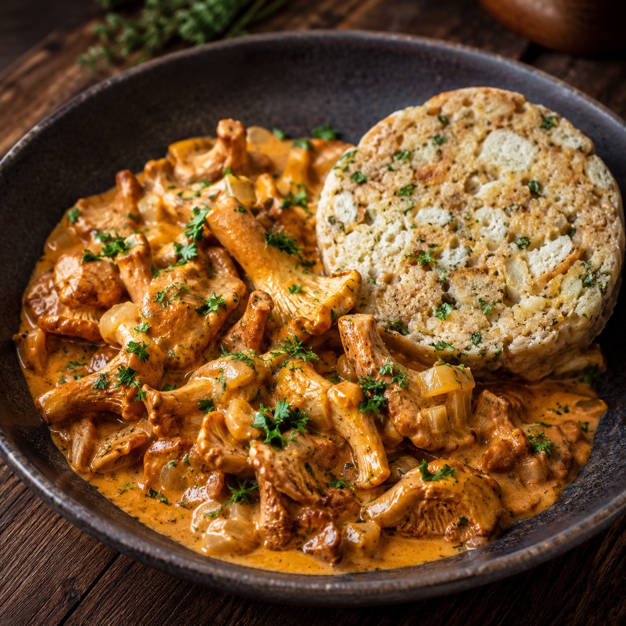 Eierschwammerlgulasch mit Semmelknödeln
