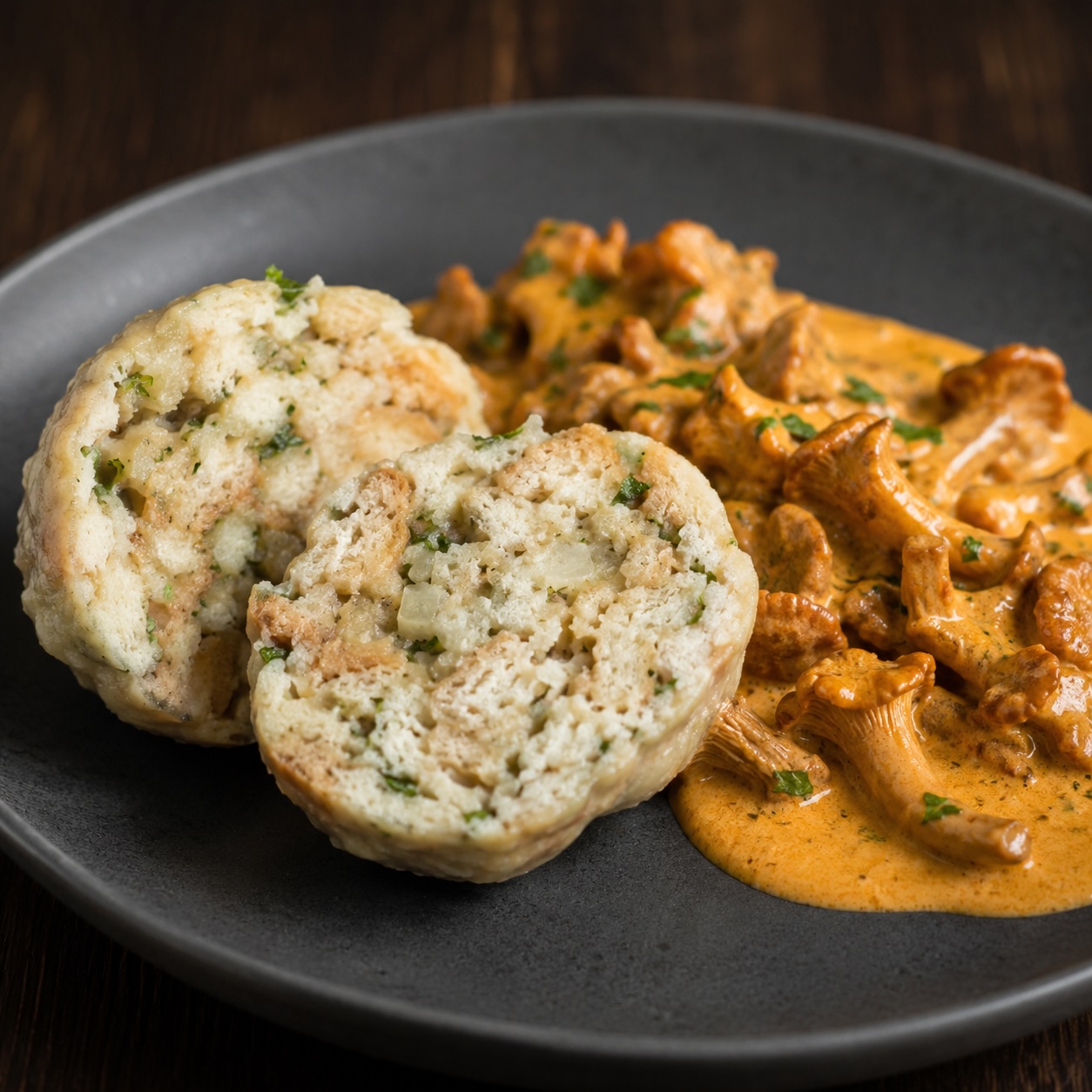 Aufgeschnittener Semmelknödel neben Eierschwammerlgulasch