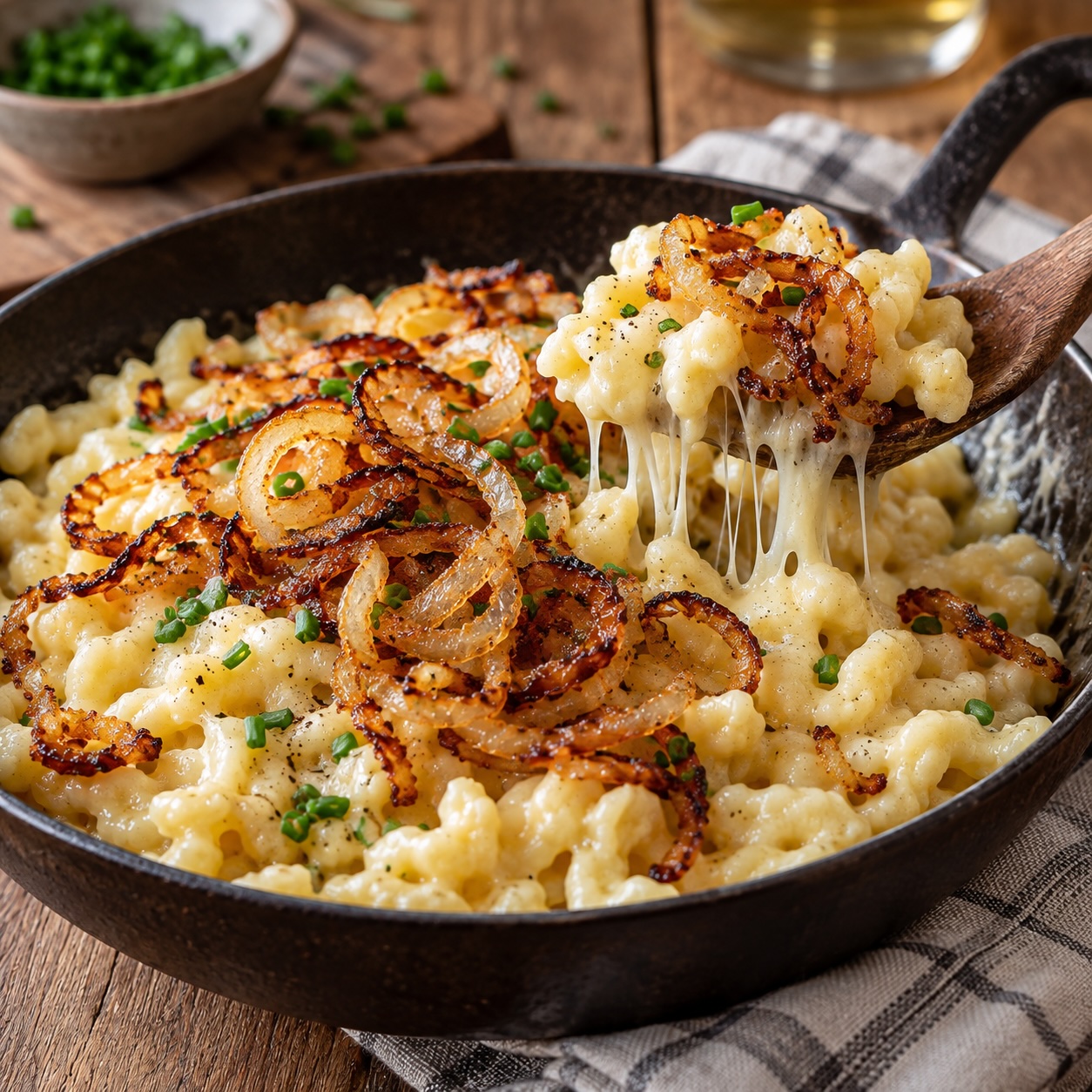Spätzle mit geschmolzenem Bergkäse in der Pfanne