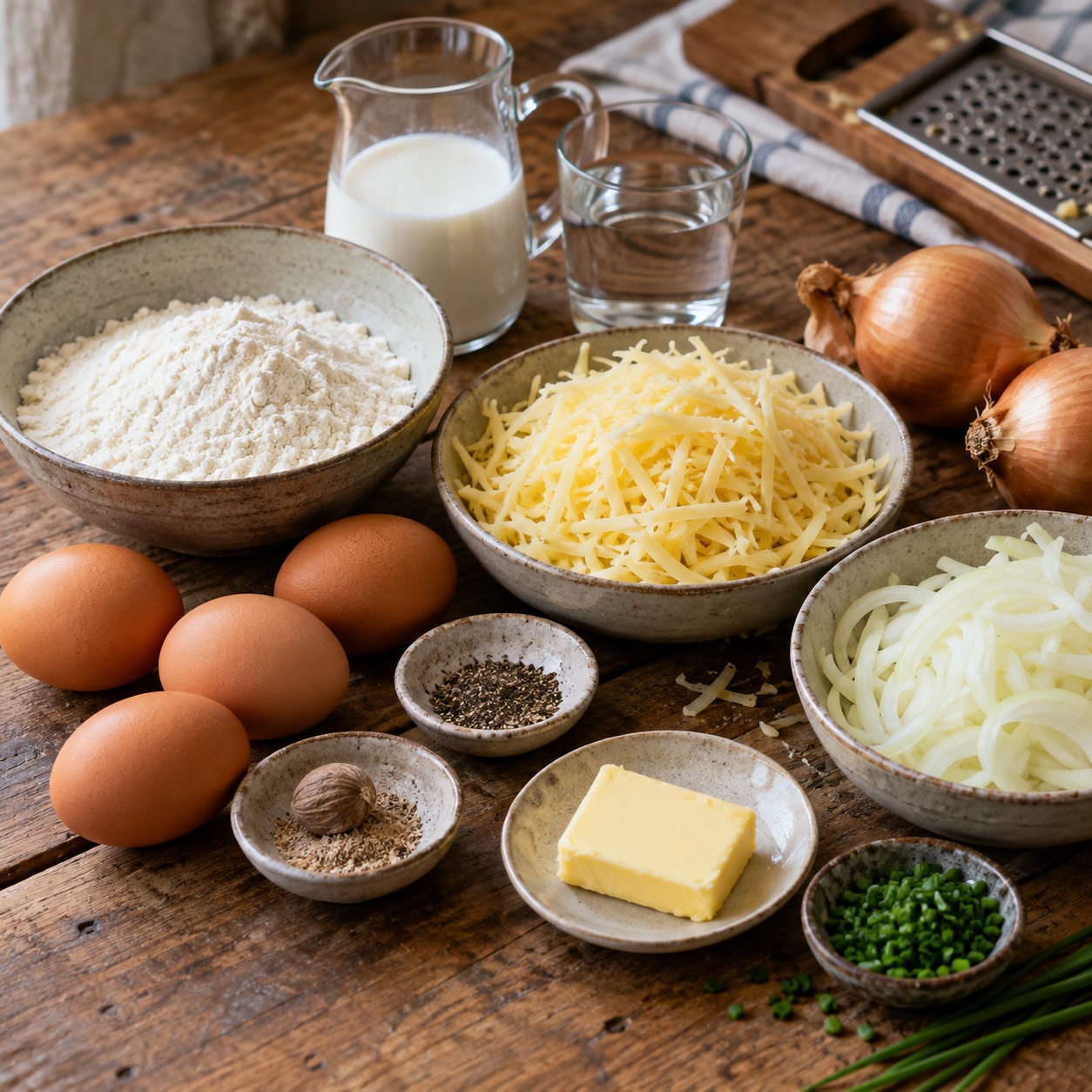 Mehl, Eier, Bergkäse und Zwiebeln für Käsespätzle
