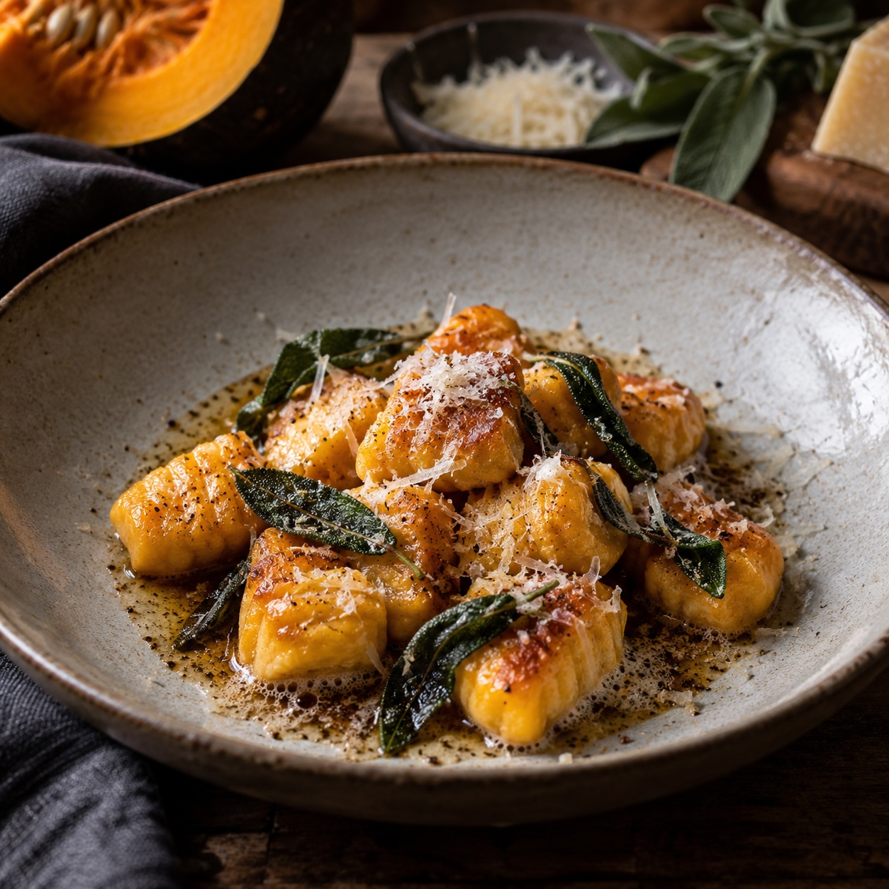 Fertige Kürbis-Gnocchi mit Nussbutter, knusprigem Salbei und Bergkäse