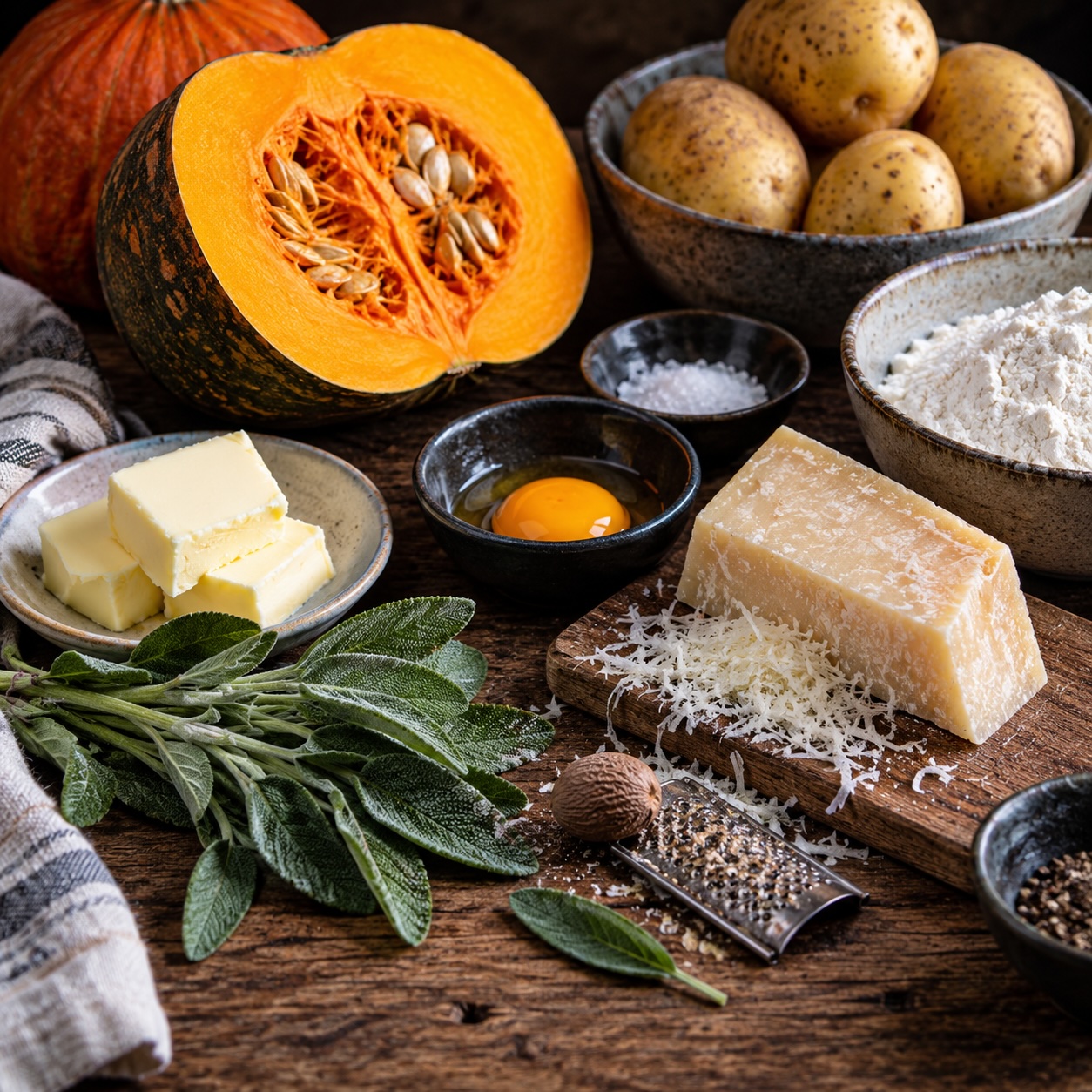 Kürbis, Kartoffeln, Mehl, Ei, Salbei, Butter und Bergkäse für Kürbis-Gnocchi