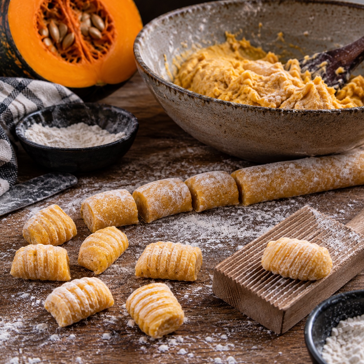 Kürbis-Gnocchi werden aus dem Teig geformt und für das Kochen vorbereitet