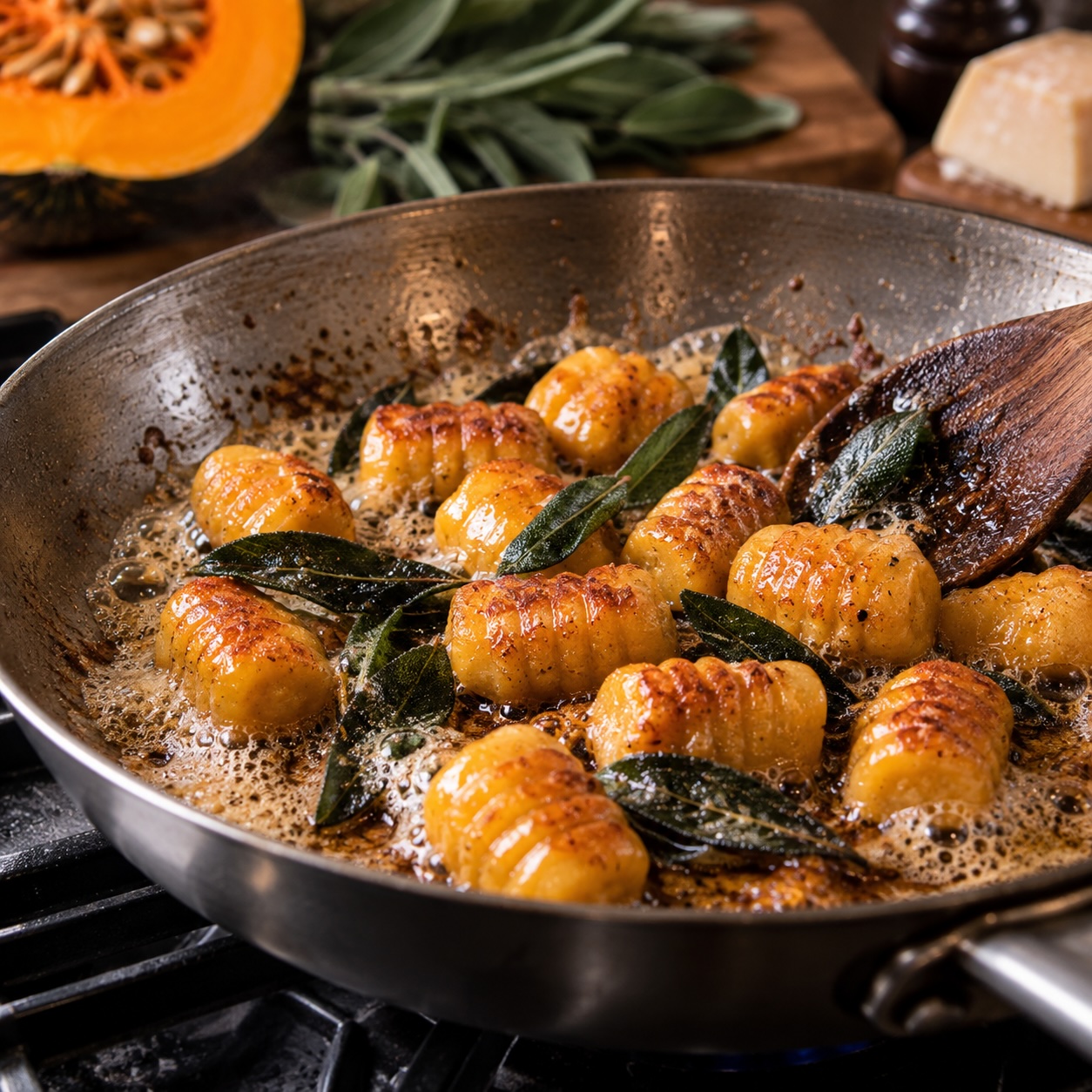 Gekochte Kürbis-Gnocchi werden mit Salbei in brauner Butter geschwenkt