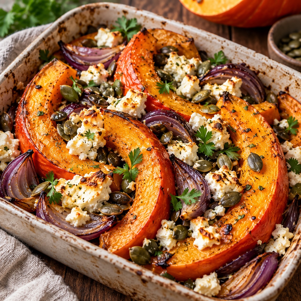 Ofenkürbis mit Feta, roten Zwiebeln und Kürbiskernen