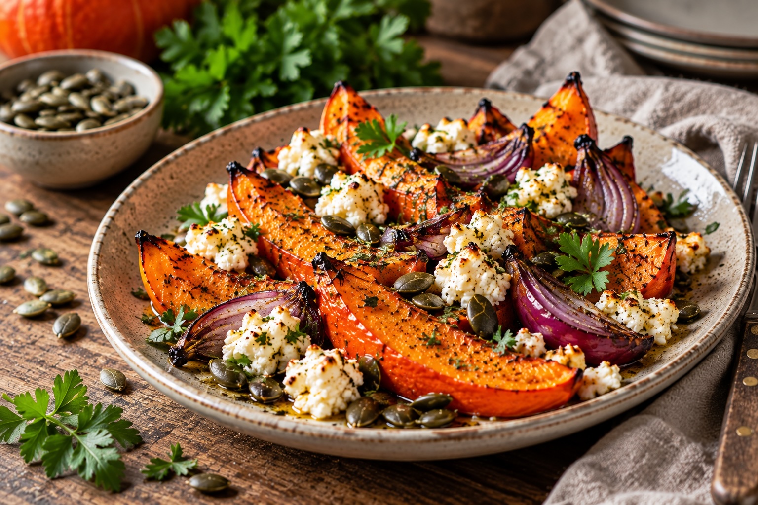 Servierter Ofenkürbis mit Feta, roten Zwiebeln, Petersilie und Kürbiskernen