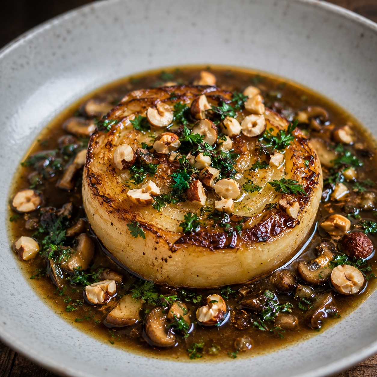 Gebratener Sellerie mit Pilz-Dashi, Haselnüssen und Petersilie