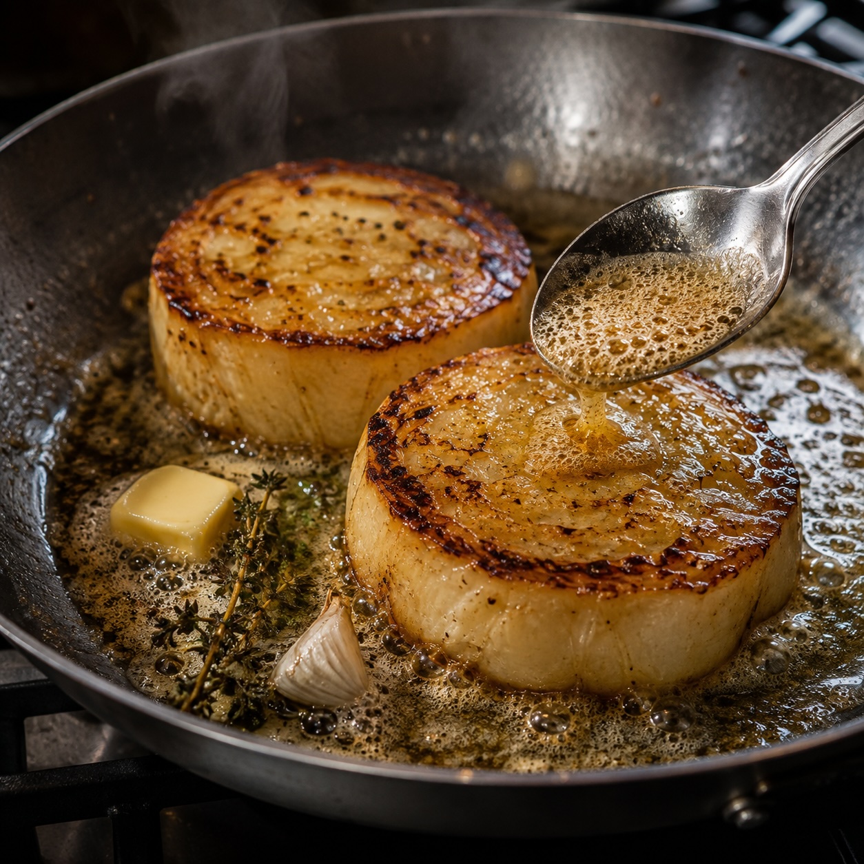 Vorgegarter Sellerie wird in der Pfanne mit Butter kräftig angebraten