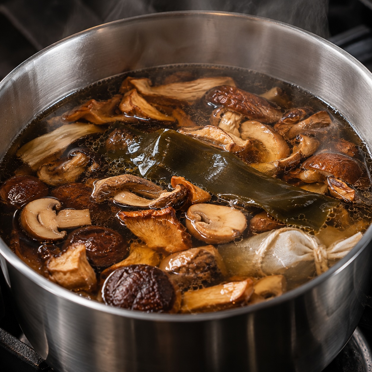 Pilz-Dashi mit Steinpilzen, Champignons und Kombu bei der Zubereitung