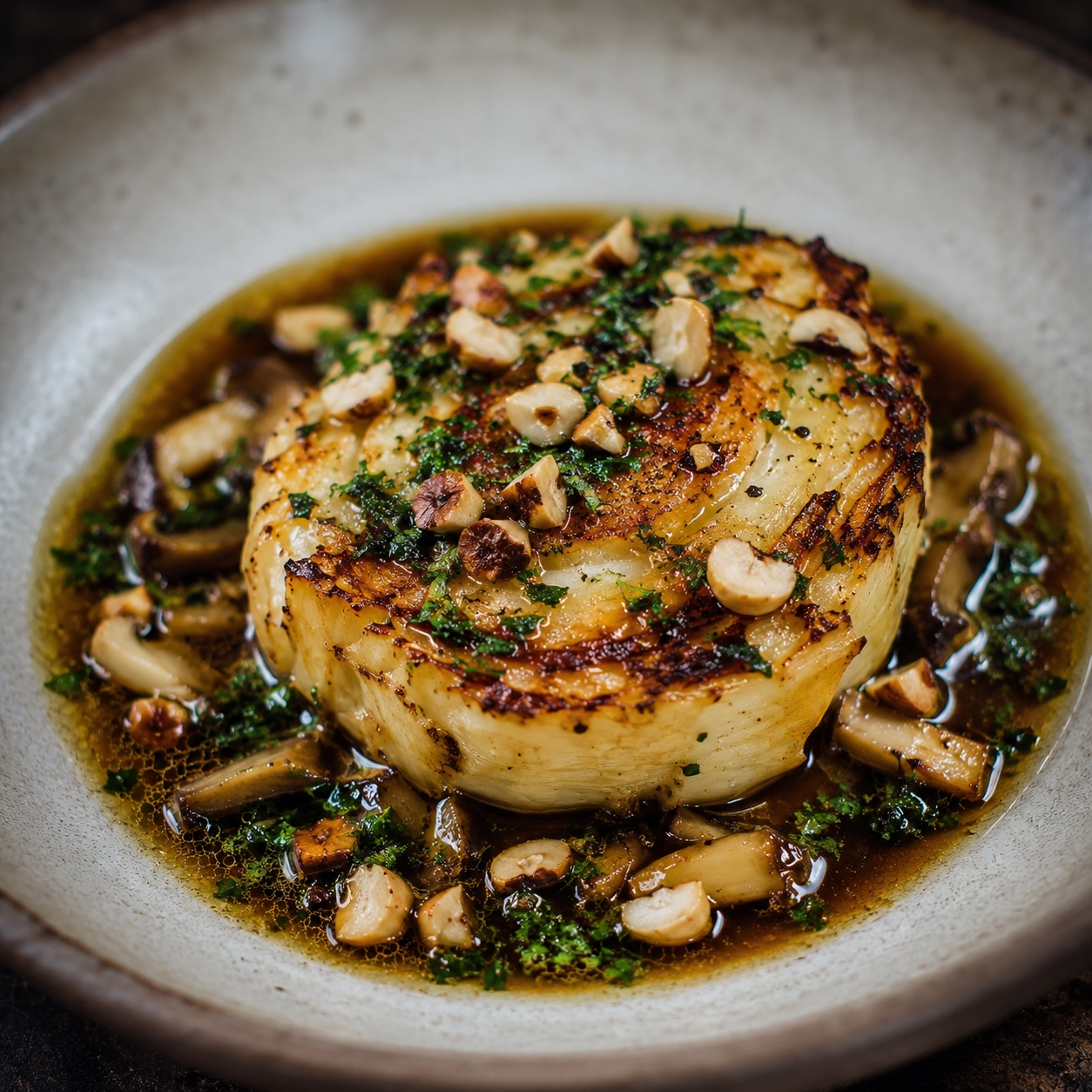 Gebratener Sellerie mit Pilz-Dashi, Haselnuss und Petersilie