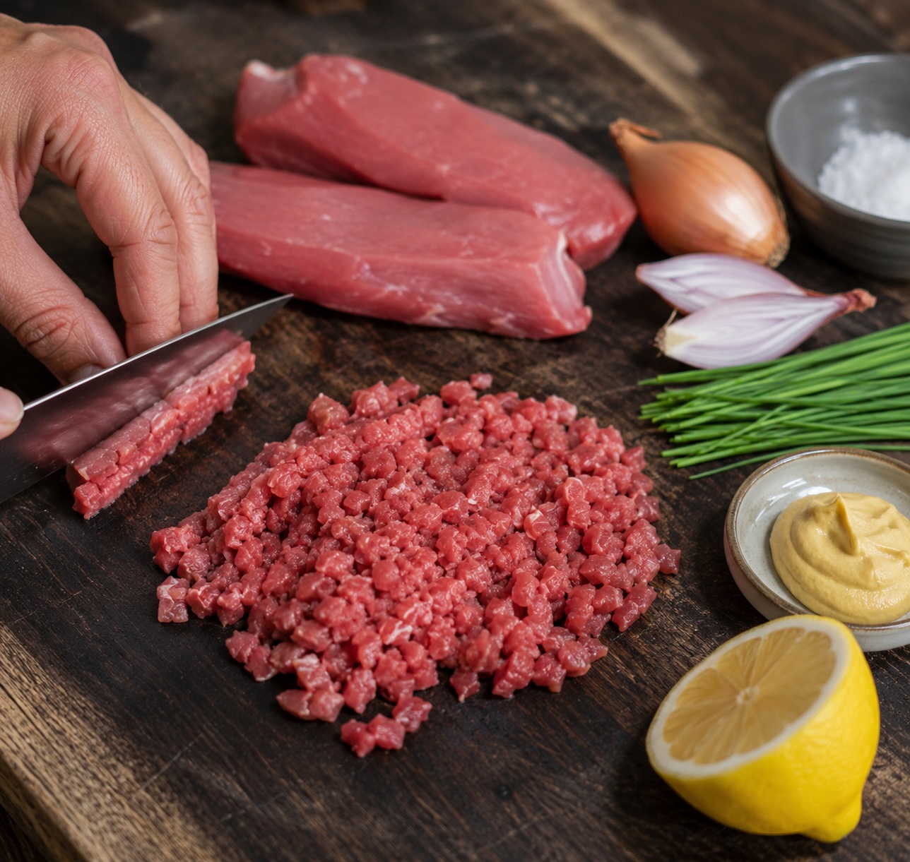 Kalbfleisch für Kalbstatar von Hand fein schneiden