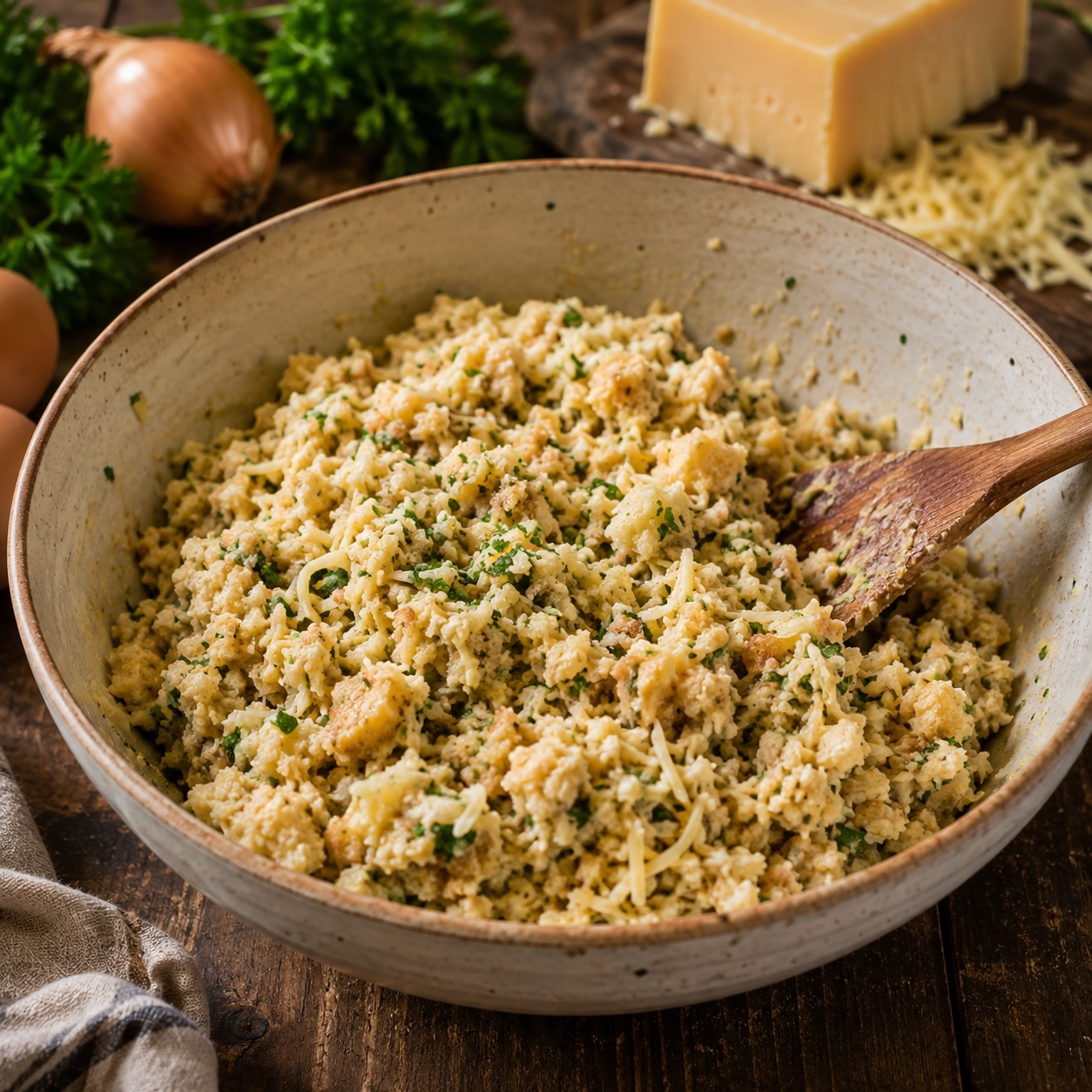 Vorbereitete Kaspressknödelmasse mit Brot, Käse, Zwiebeln und frischen Kräutern in einer Schüssel