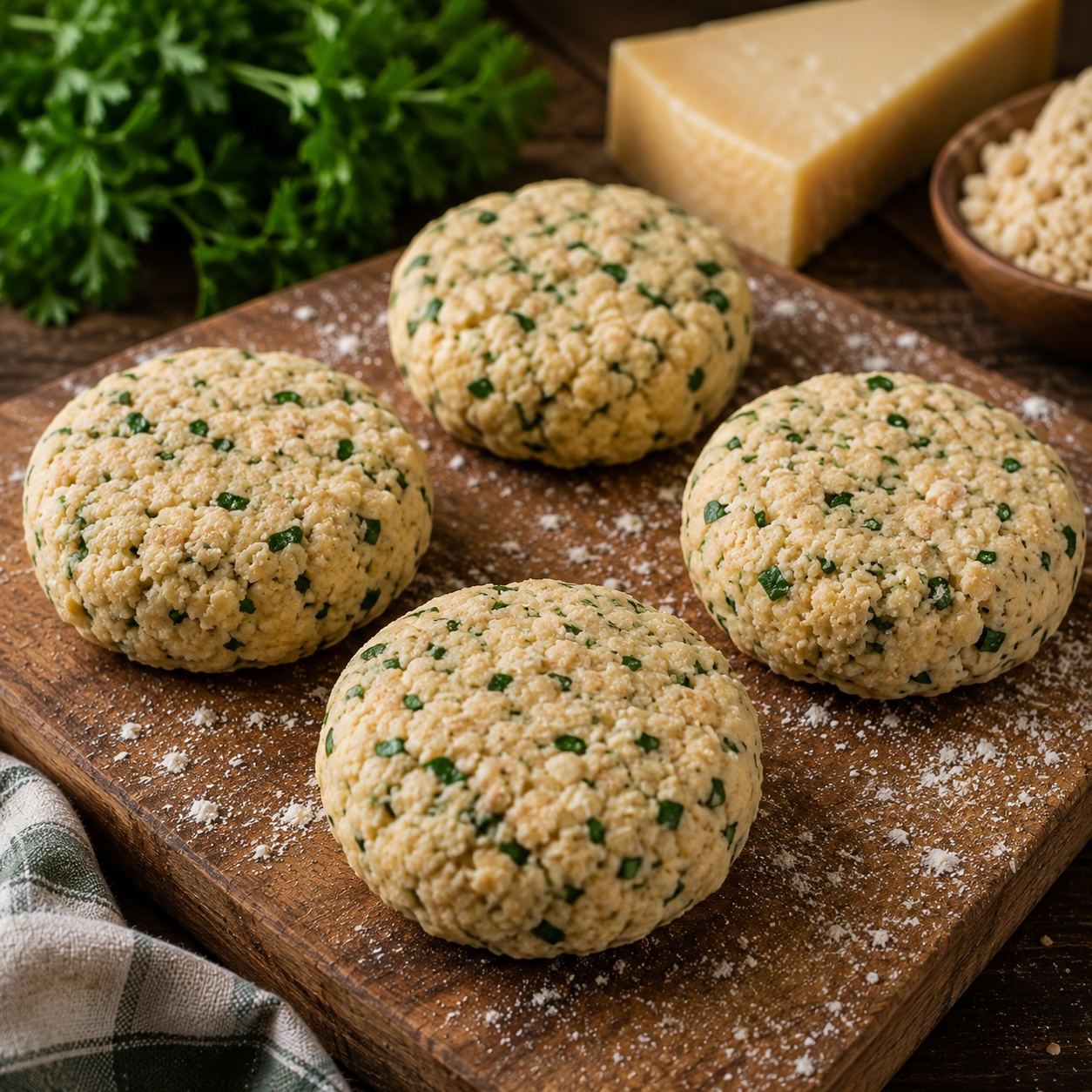 Hausgemachte Kaspressknödel werden aus der vorbereiteten Brot-Käse-Masse von Hand geformt