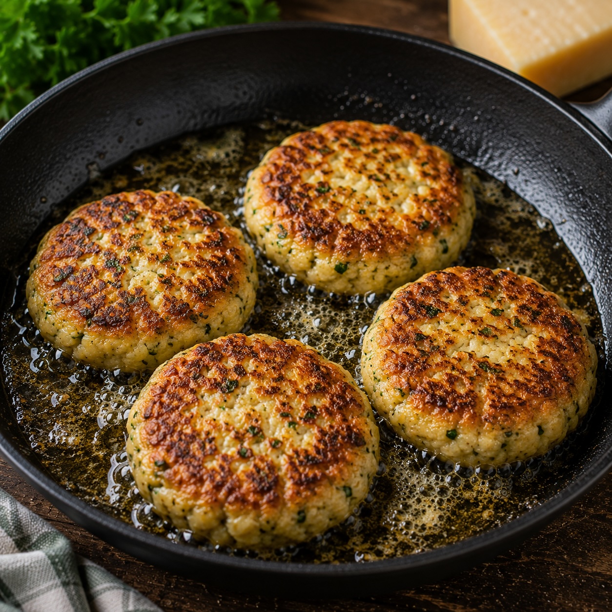 Kaspressknödel werden in einer Pfanne von beiden Seiten goldbraun und knusprig gebraten
