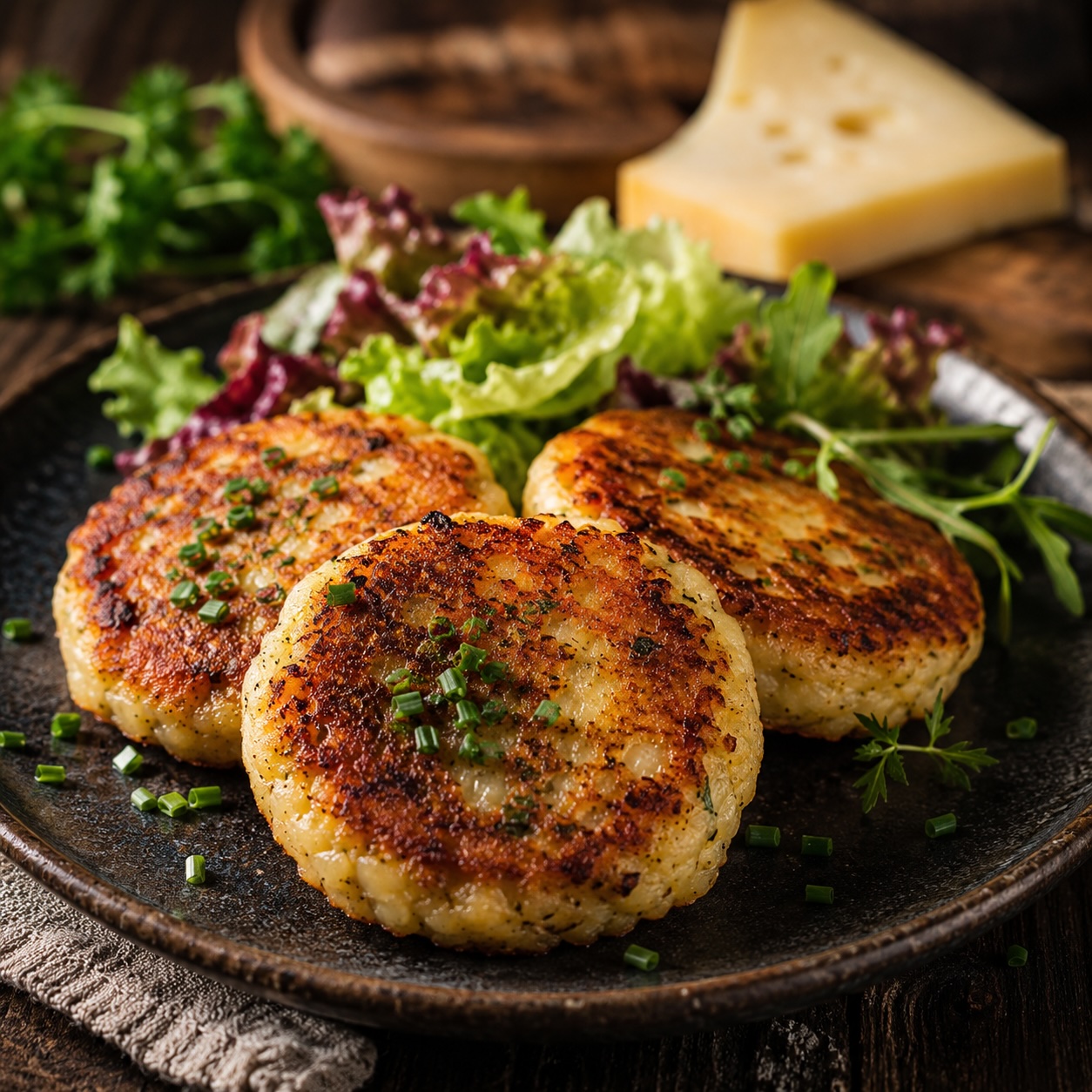 Goldbraun gebratene Kaspressknödel mit würzigem Bergkäse