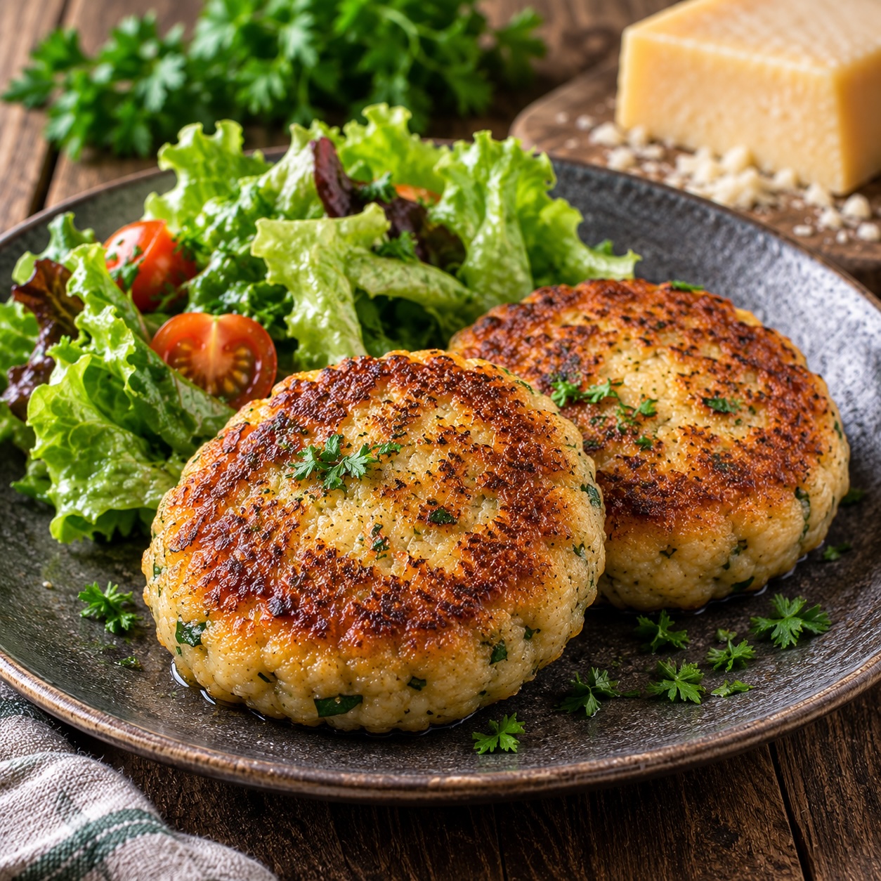 Goldbraun gebratene Kaspressknödel mit frischem Blattsalat und Kirschtomaten auf einem dunklen Teller