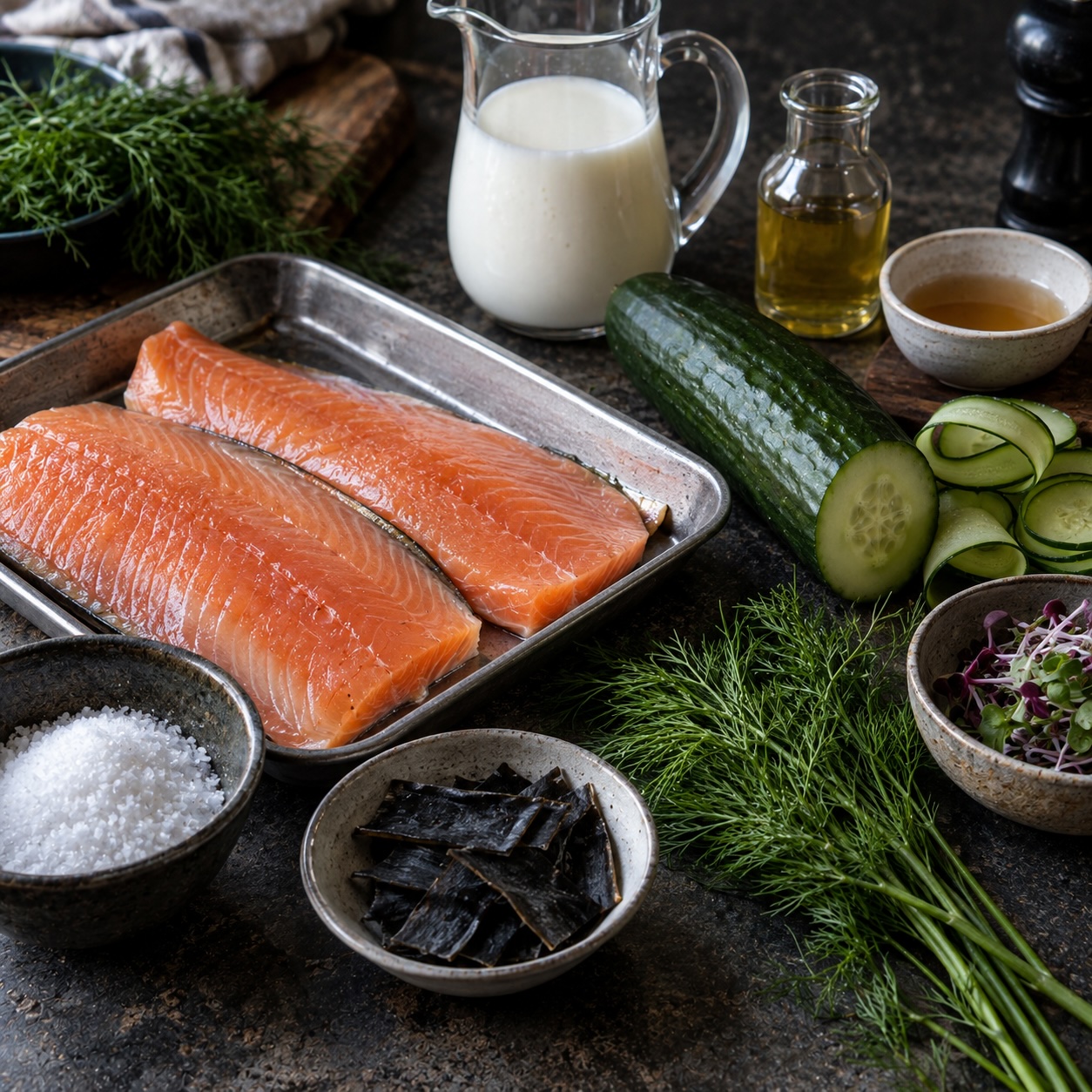 Lachsforelle mit Gurke, Buttermilch, Dashi-Algen, Dill und Salz