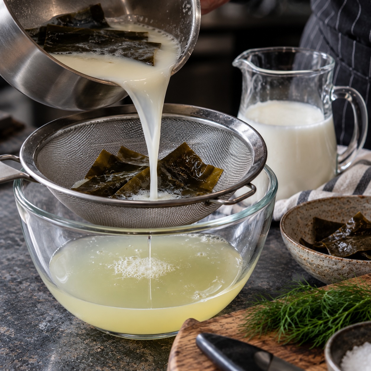 Buttermilch-Dashi mit Dashi-Algen beim feinen Passieren