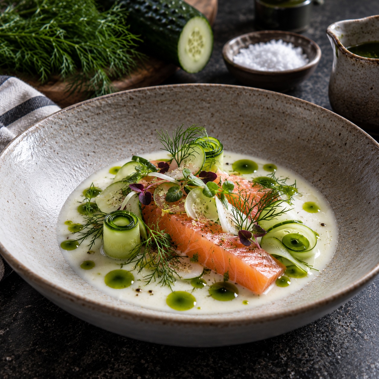 Lachsforelle in Salzlake mit Gurke, Buttermilch-Dashi, Dillöl und Dill