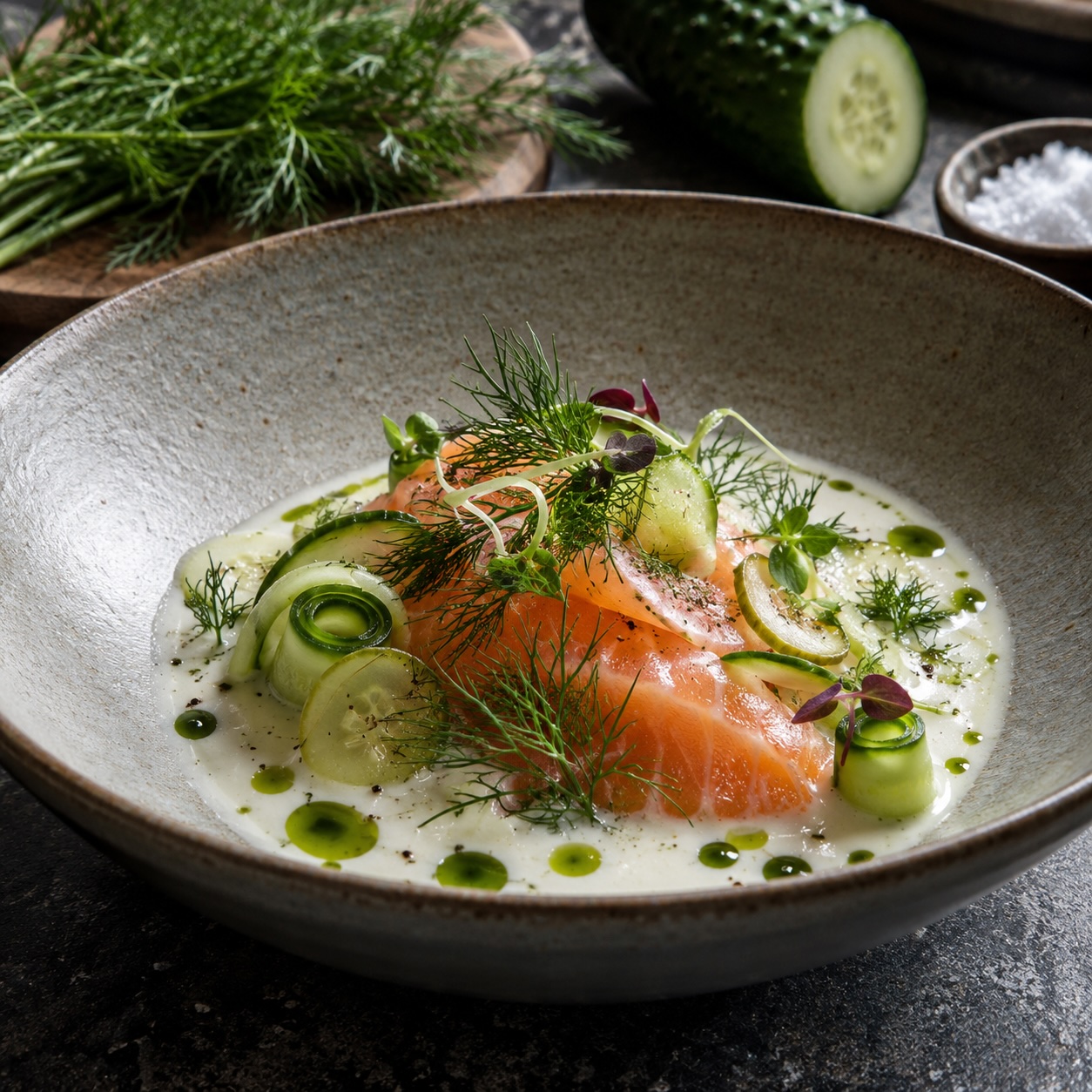 Lachsforelle in Salzlake mit Gurke, Buttermilch-Dashi und Dill