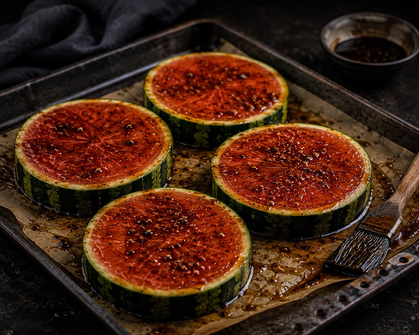 Melonensteaks auf dem Blech vor dem Garen im Ofen