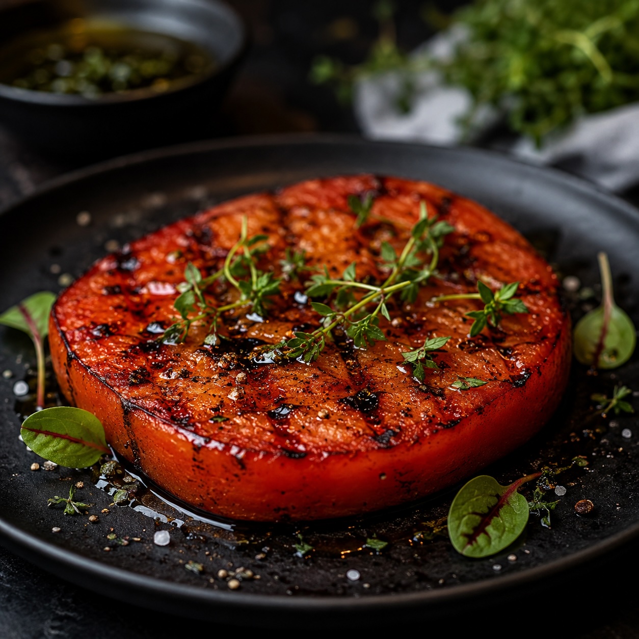 Saftiges Melonensteak mit karamellisierter Oberfläche aus dem Backofen