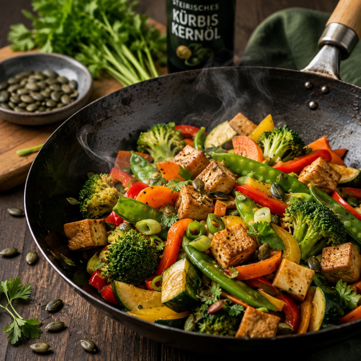 Vegetarischer Gemüse-WOK mit regionalem Gemüse, Kürbiskern-Tofu und asiatischen Aromen