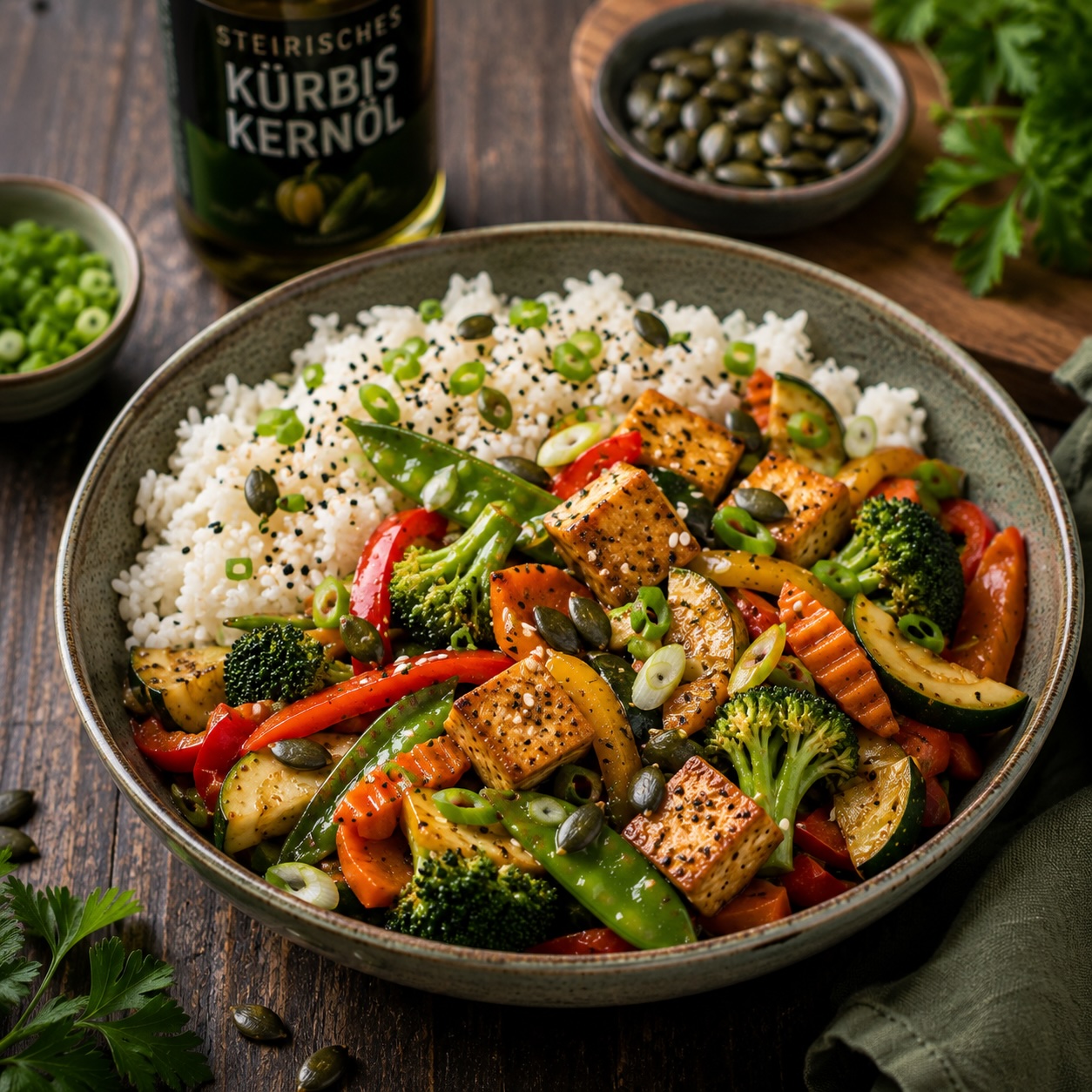 Steirischer Gemüse-WOK mit Reis und Kürbiskernen