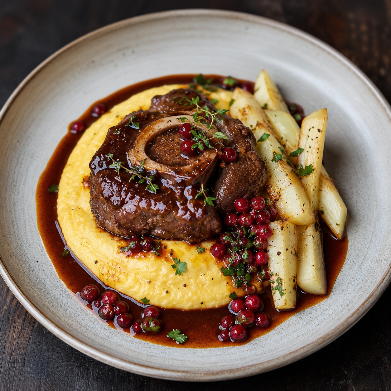 Hirsch-Ossobuco mit cremiger Polenta, Petersilienwurzel und Wildpreiselbeeren