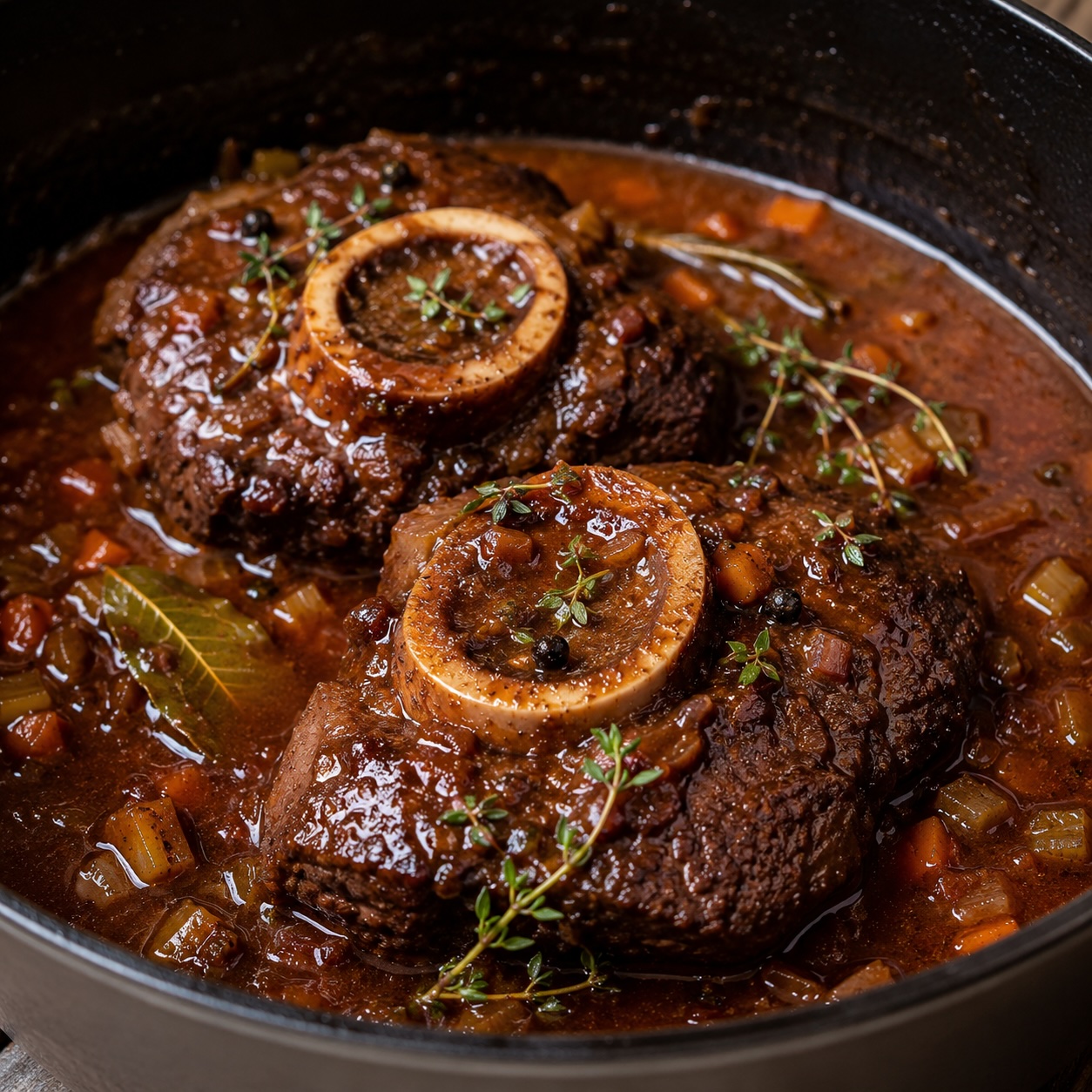 Langsam geschmorte Hirschhaxe mit kräftiger Sauce