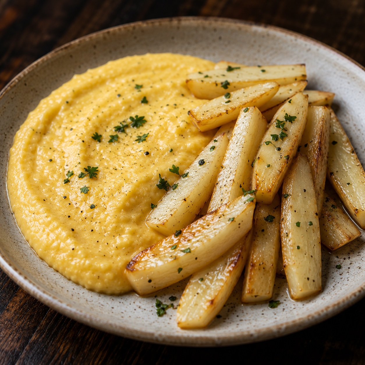 Cremige Polenta mit glacierter Petersilienwurzel als Beilage zum Hirsch