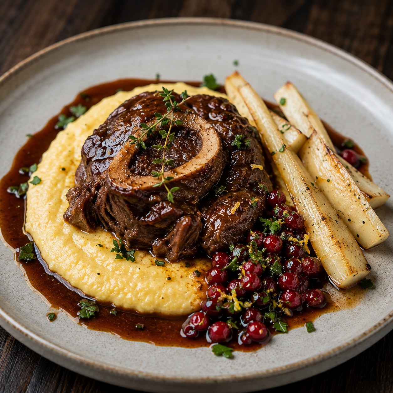 Geschmortes Hirsch-Ossobuco mit cremiger Polenta, Petersilienwurzel und Wildpreiselbeeren