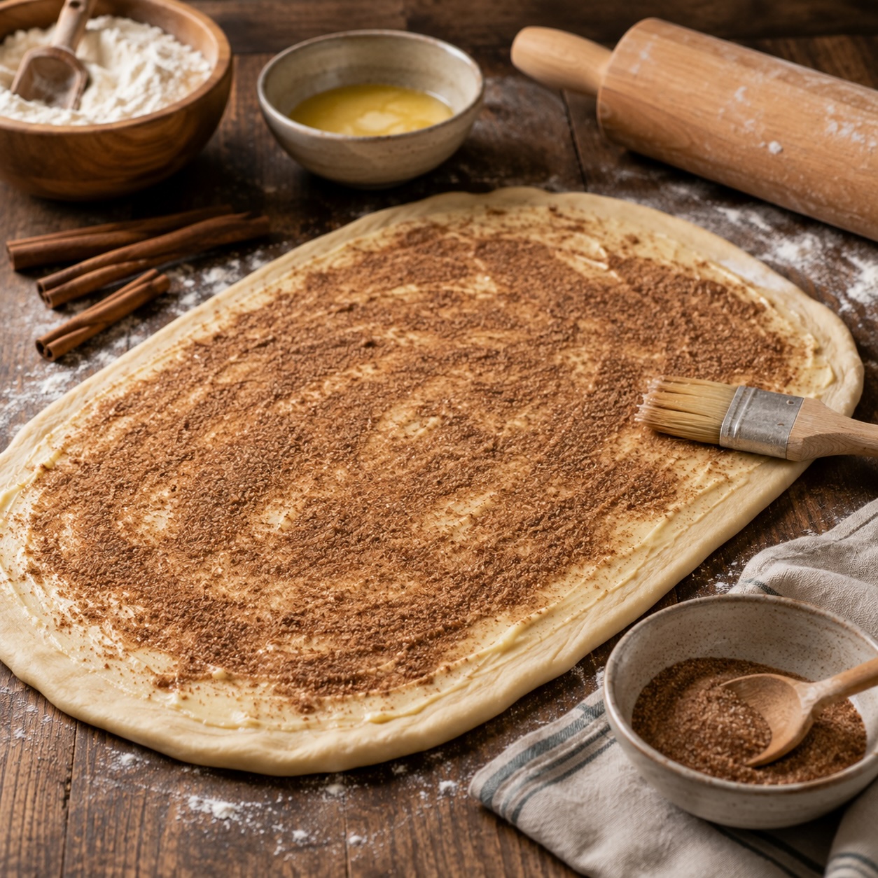 Der Hefeteig wird mit Butter und Zimt-Zucker bestrichen